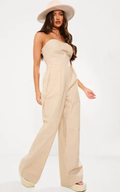 Stone Stripe Bandeau Cotton Pleated Detail Wide Leg Jumpsuit