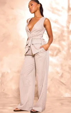 Stone Stripe Woven Vest Tailored Wide Leg Jumpsuit