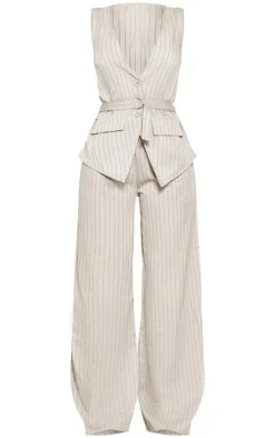 Stone Stripe Woven Vest Tailored Wide Leg Jumpsuit