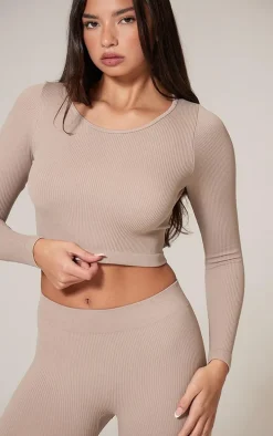 Stone Structured Snatched Ribbed Round Neck Long Sleeve Crop Top