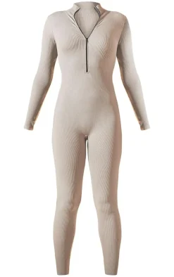 Stone Structured Snatched Rib Zip Jumpsuit