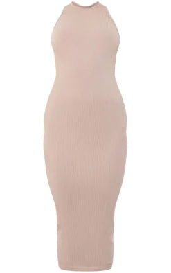 Stone Structured Snatched Rib Racer Neck Midaxi Dress