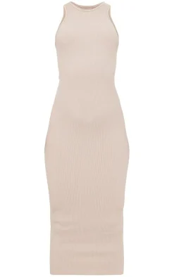 Stone Structured Snatched Rib Racer Neck Midaxi Dress