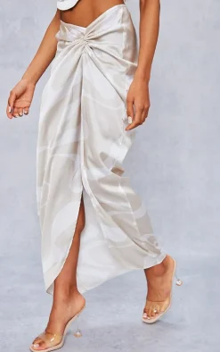 Stone Swirl Print Satin Knot Side Midaxi Skirt