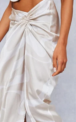 Stone Swirl Print Satin Knot Side Midaxi Skirt