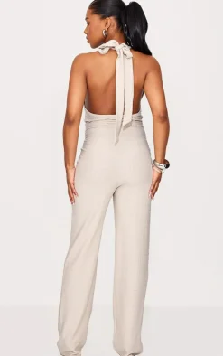 Stone Textured Halterneck Cowl Wide Leg Jumpsuit