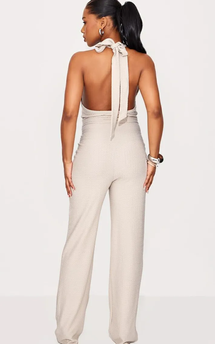 Stone Textured Halterneck Cowl Wide Leg Jumpsuit