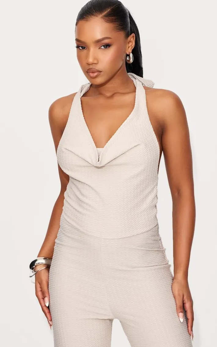 Stone Textured Halterneck Cowl Wide Leg Jumpsuit