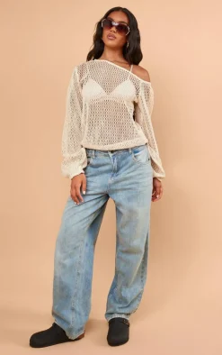 Stone Textured Knit Off The Shoulder Long Top