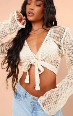 Stone Textured Knit Tie Front Blouse