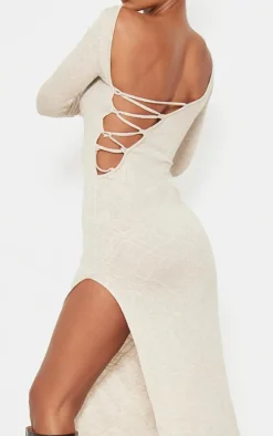 Stone Textured Lace Up Back Detail Maxi Dress
