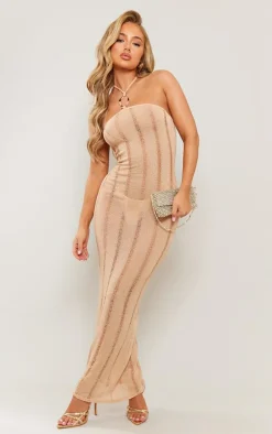 Stone Textured Laddered Trim Detail Halter Maxi Dress