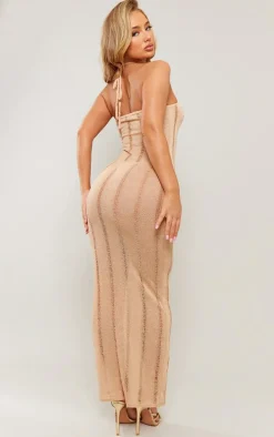 Stone Textured Laddered Trim Detail Halter Maxi Dress