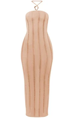 Stone Textured Laddered Trim Detail Halter Maxi Dress