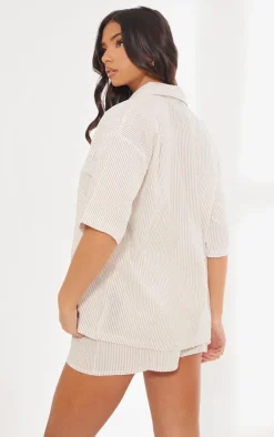 Stone Textured Linen Look Striped Oversized Short Sleeve Shirt