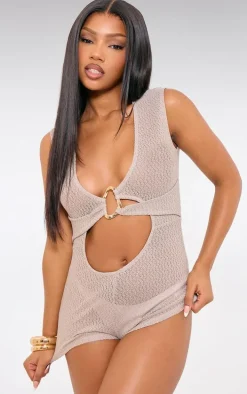 Stone Textured Plunge Trim Detail Romper