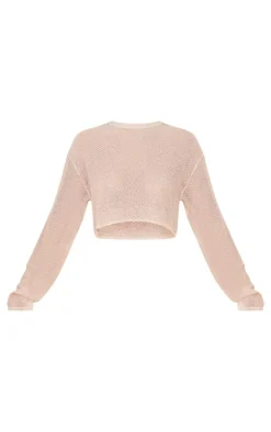 Stone Textured Sheer Knit Floaty Long Sleeve Crop Top