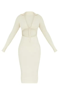 Stone Tie Bust Detail Brushed Rib Long Sleeve Midaxi Dress