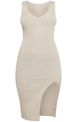 Stone V Neck Knitted Side Split Midi Dress