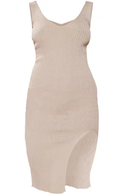 Stone V Neck Side Split Knit Midi Dress