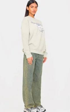 Stone Washed Downtown Car Printed Sweatshirt