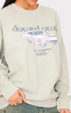 Stone Washed Downtown Car Printed Sweatshirt
