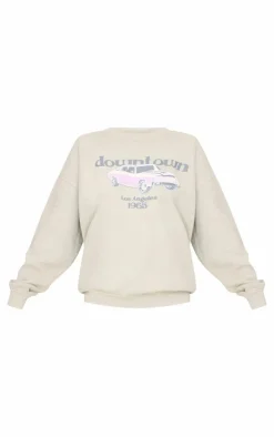 Stone Washed Downtown Car Printed Sweatshirt