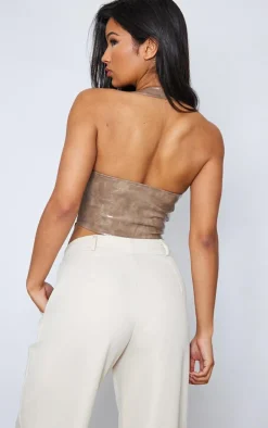 Stone Washed Faux Leather Lace Up Plunge Halter Neck Top