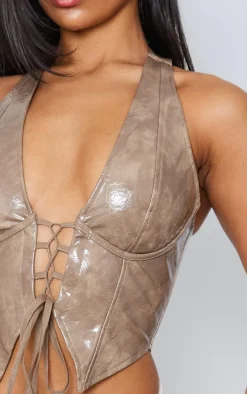 Stone Washed Faux Leather Lace Up Plunge Halter Neck Top