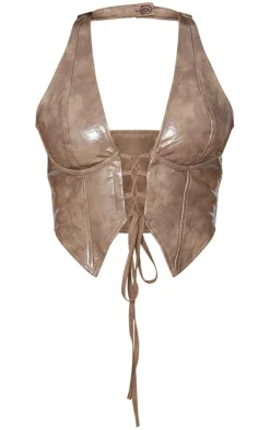 Stone Washed Faux Leather Lace Up Plunge Halter Neck Top