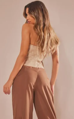 Stone Washed Faux Leather Lace Up Front Fur Trim Under Wire Crop Top