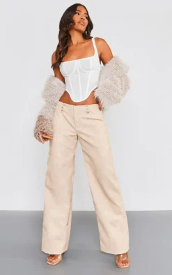 Stone Washed Faux Leather Low Rise Belt Detail Wide Leg Pants