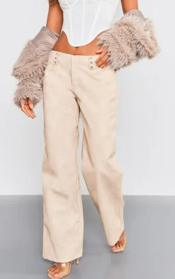 Stone Washed Faux Leather Low Rise Belt Detail Wide Leg Pants
