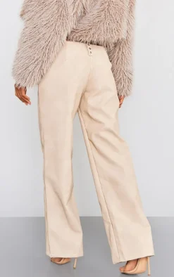 Stone Washed Faux Leather Low Rise Belt Detail Wide Leg Pants