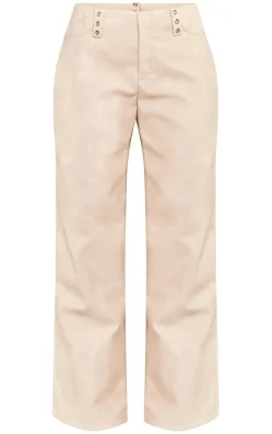 Stone Washed Faux Leather Low Rise Belt Detail Wide Leg Pants