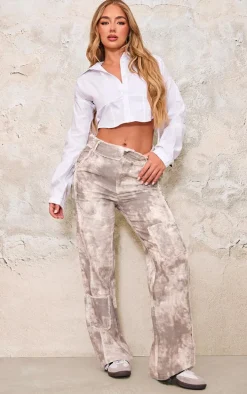 Stone Washed Twill Exposed Seam Straight Leg Pants