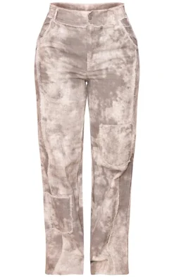 Stone Washed Twill Exposed Seam Straight Leg Pants