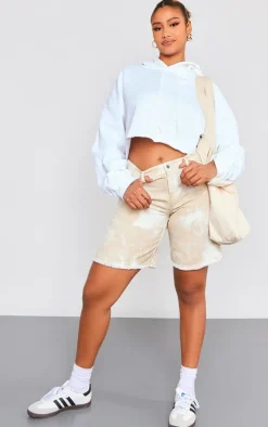 Stone Washed Twill Oversized Raw Hem Long Shorts