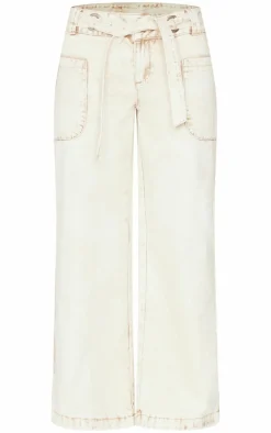 Stone Washed Twill Tie Belt Detail Wide Leg Pants