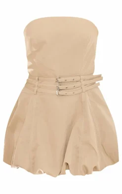 Stone Woven Bandeau Triple Belt Puff Ball Dress