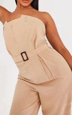 Stone Woven Belted Bandeau Wide Leg Jumpsuit