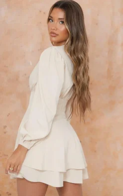 Stone Woven Binding Waist Detail Puff Long Sleeve Shift Dress