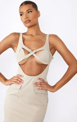 Stone Woven Buckle Trim Cargo Style Bodycon Dress