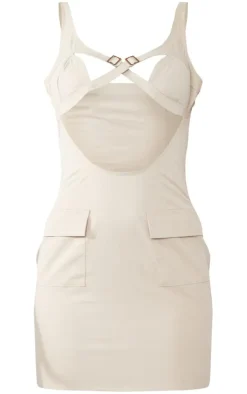 Stone Woven Buckle Trim Cargo Style Bodycon Dress