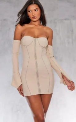 Stone Woven Cup Detail Bardot Shift Dress