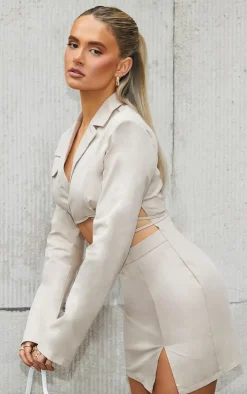 Stone Woven Cut Out Tie Waist Utility Style Blazer Bodycon Dress