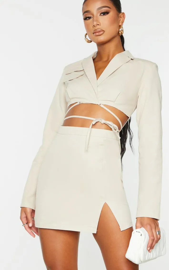 Stone Woven Cut Out Tie Waist Utility Style Blazer Bodycon Dress