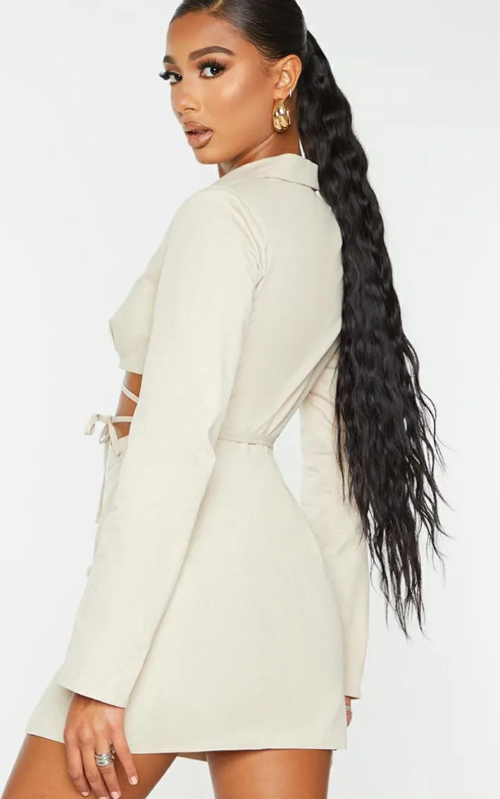 Stone Woven Cut Out Tie Waist Utility Style Blazer Bodycon Dress