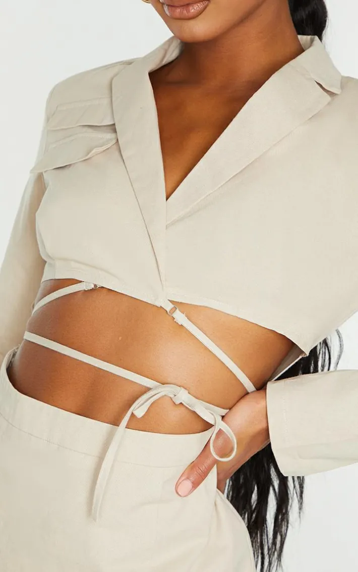 Stone Woven Cut Out Tie Waist Utility Style Blazer Bodycon Dress