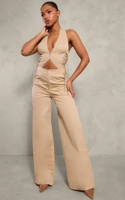 Stone Woven Halter Zip Detail Lace Up Jumpsuit